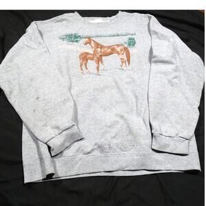 Vtg 90s XL Horse Foal Crewneck Sweatshirt Equestrian Graphic Pullover Worn